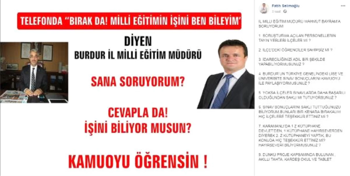 AK Parti\'li Başkan, İl Milli Eğitim Müdürü\'nü Sosyal Medyada Eleştirdi