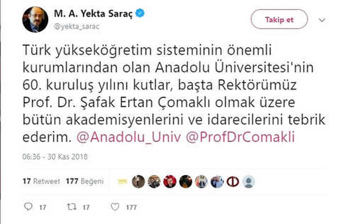 YÖK Başkanımız Saraç Anadolu Üniversitesinin 60. Yılını Kutladı