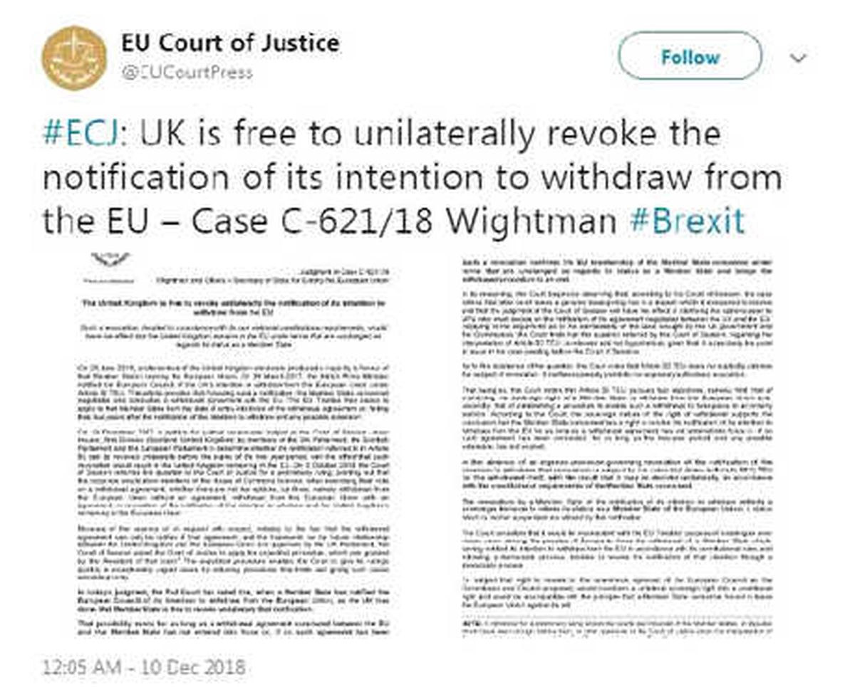 Ecj: Birleşik Krallık Tek Taraflı Bir Şekilde Brexit Sürecinden Çekilebilir