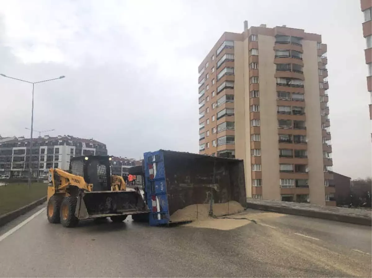 Hayvan Yemi Yüklü Traktör Römorku Devrildi