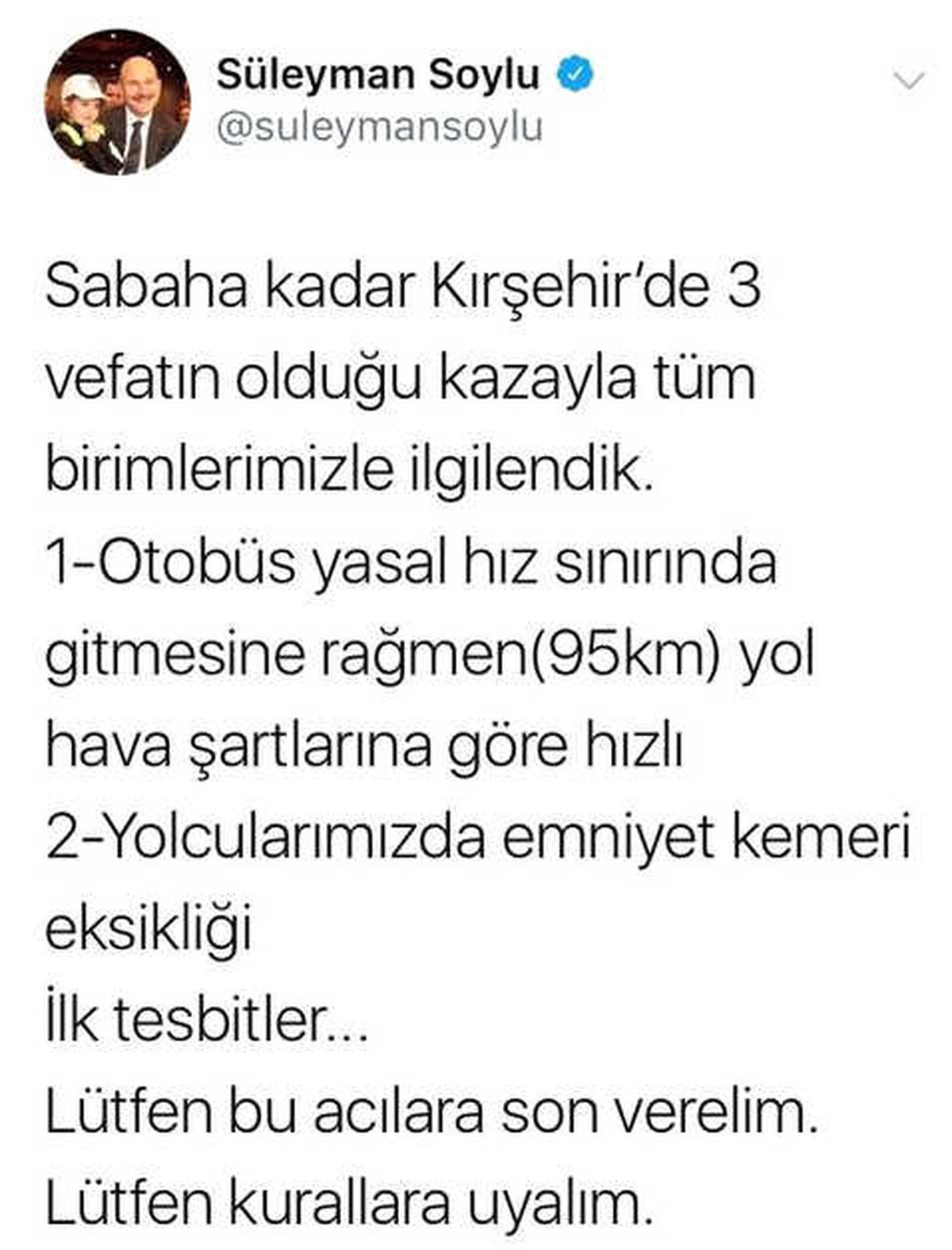 Bakan Soylu\'dan Kırşehir\'deki Otobüs Kazasına İlişkin Açıklama