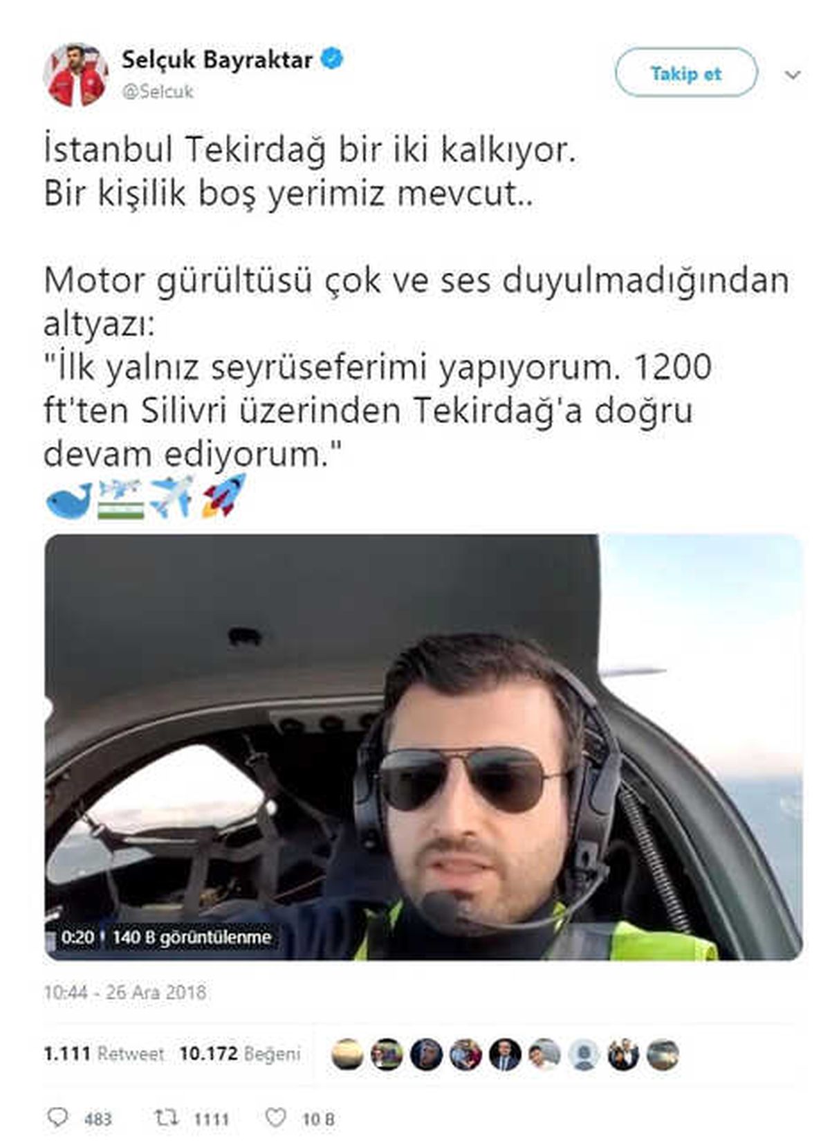 Selçuk Bayraktar, Hava Aracı ile İlk Seferini İstanbul\'dan Tekirdağ\'a Yaptı