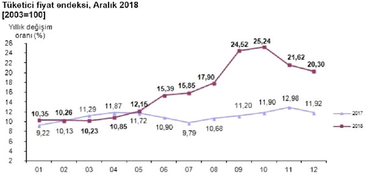 Tüketici Fiyatları Aralık\'ta Yüzde 0.40 Düştü, Yıllık Enflasyon Yüzde 20.30