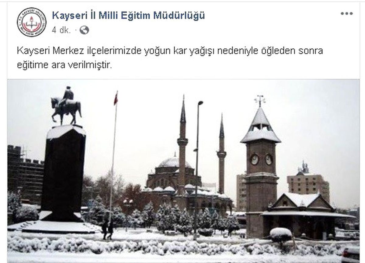 Kayseri\'de Okullar Öğleden Sonra Tatil Edildi