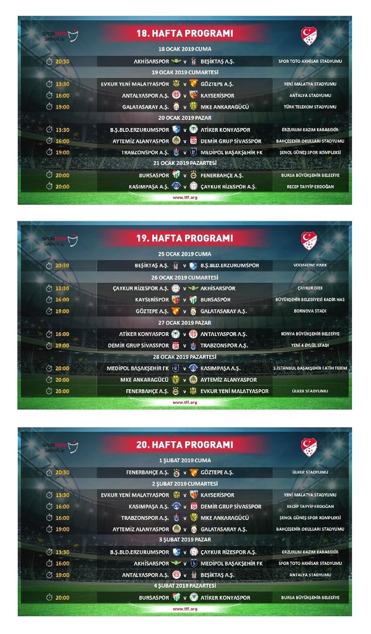 Süper Lig\'de İkinci Yarının İlk Üç Haftalık Program Açıklandı