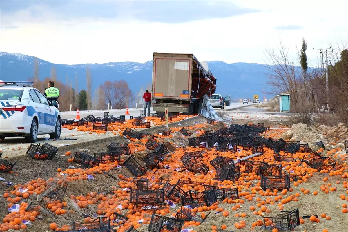 Kapağı Açılan Tır Dorsesindeki 1 Ton Portakal Yola Saçıldı