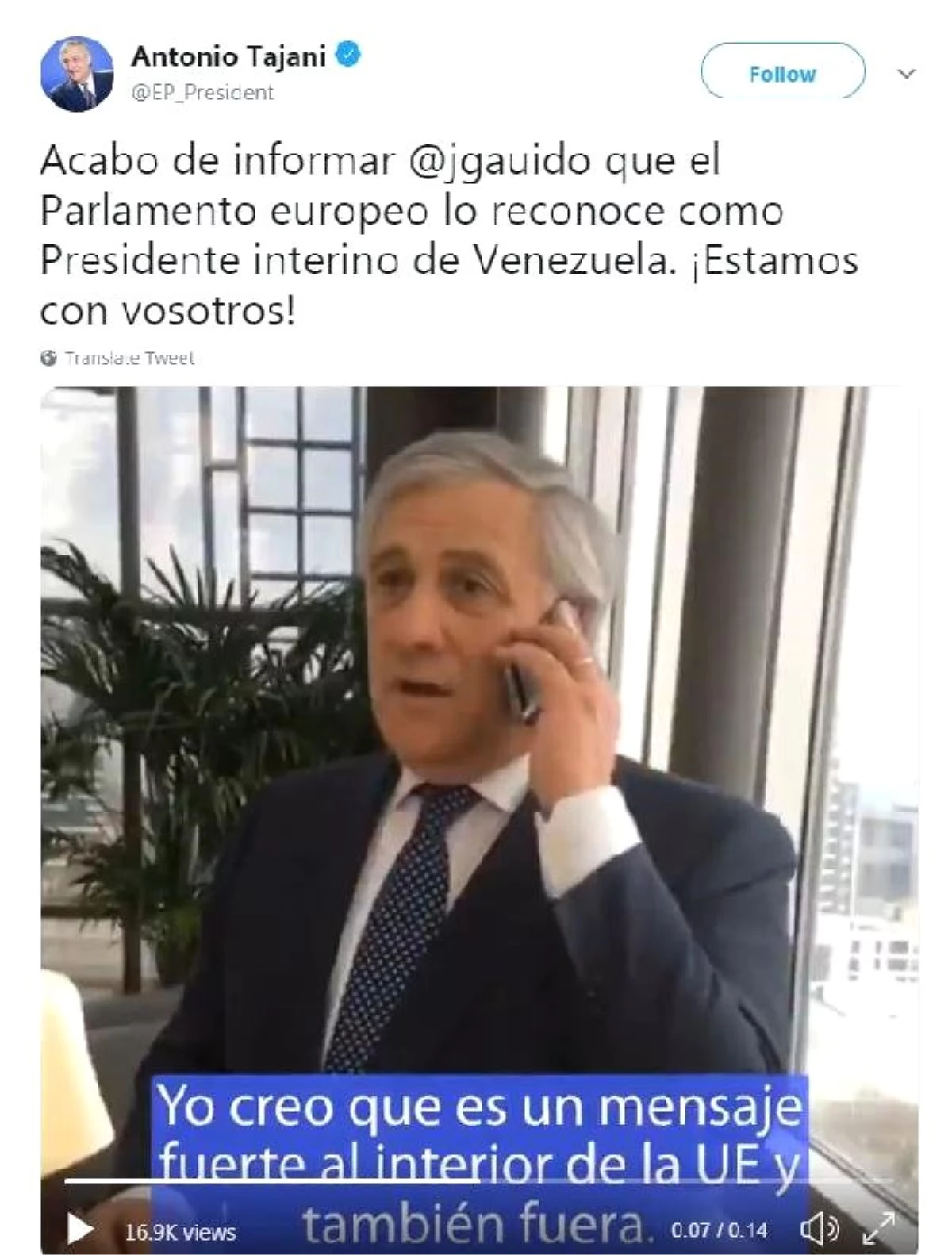 Guaido\'yu Tanıyan AP\'nin Başkanı Tajani "Seninleyiz" Mesajı Yayınladı