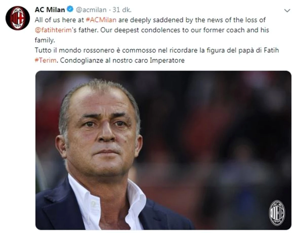 Milan\'dan Fatih Terim\'e Başsağlığı Mesajı