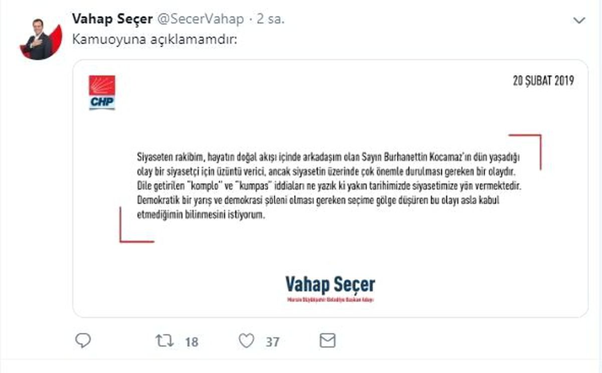 CHP\'li Seçer\'den Kocamaz Paylaşımı