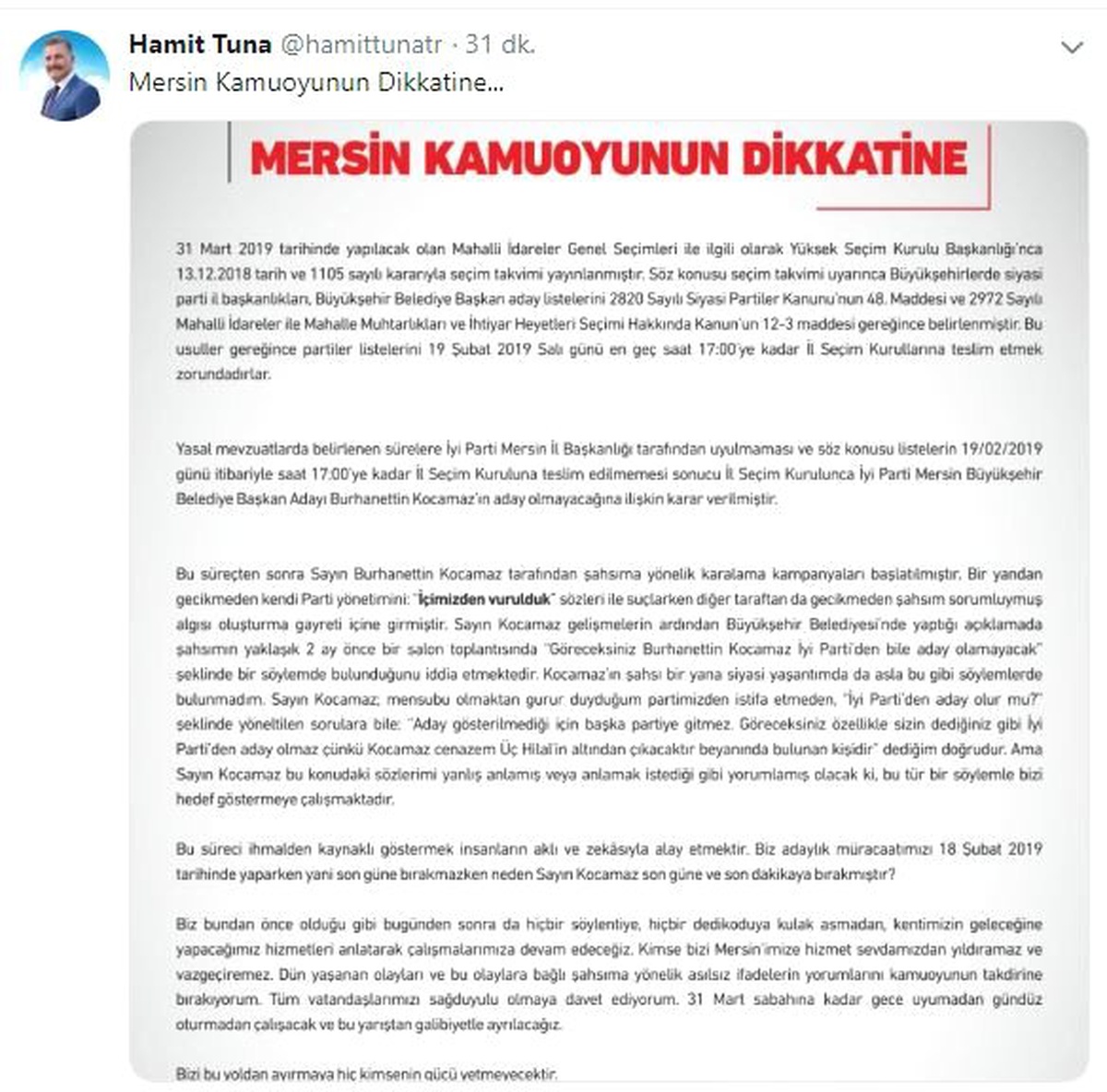 Cumhur İttifakı Adayı Tuna\'dan Kocamaz\'a Yanıt