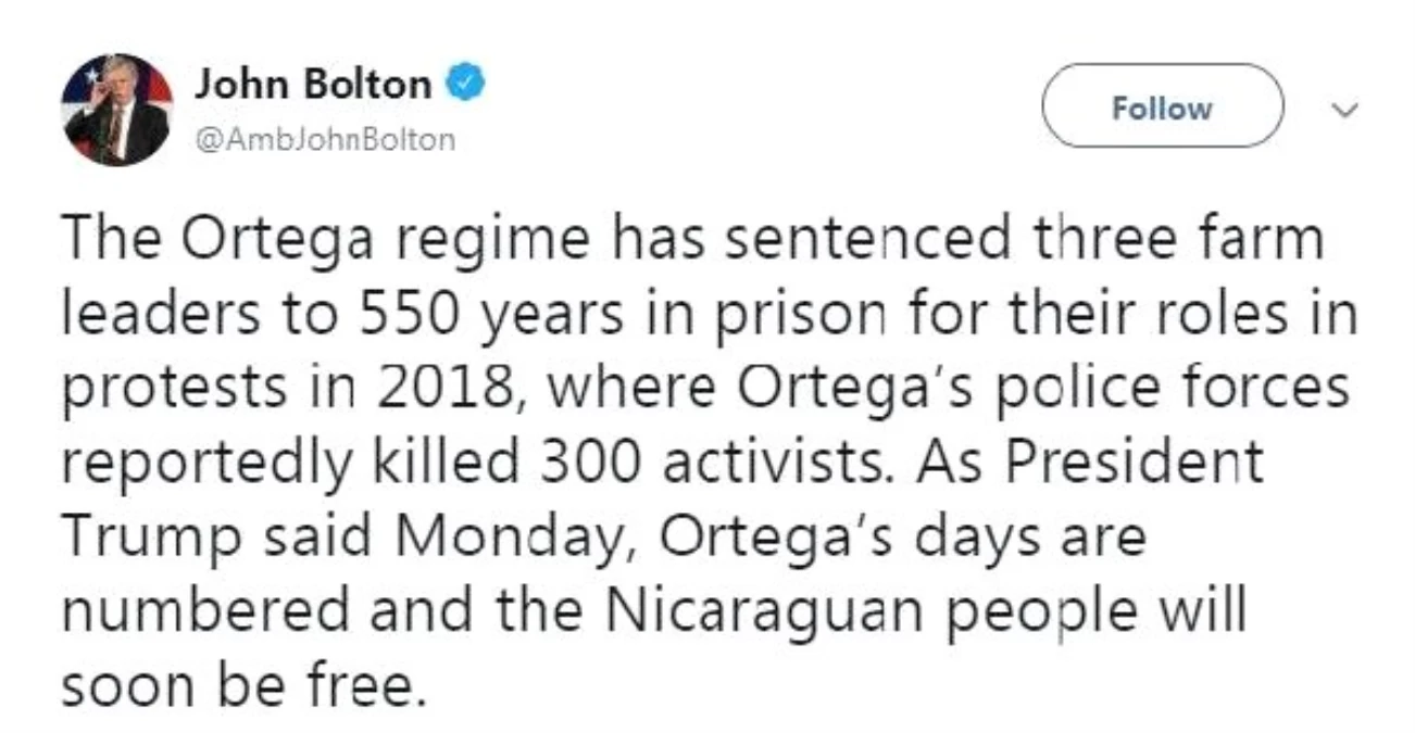 Bolton: Ortega\'nın Günleri Sayılı, Nikaragua Özgür Olacak