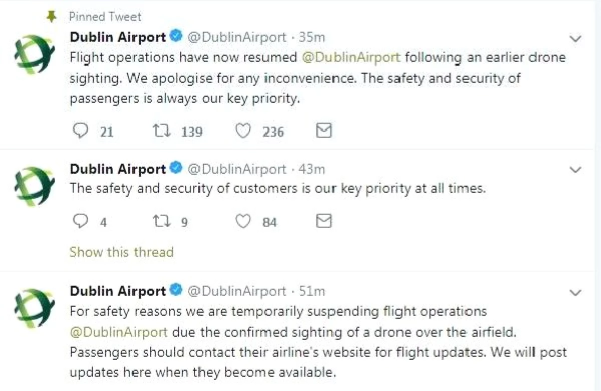 Dublin Havalimanında \'Drone\' Nedeni ile Durdurulan Uçuşlar Yeniden Başladı