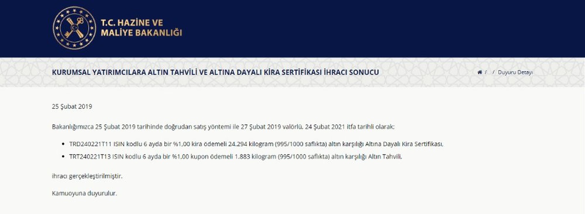 Altın Tahvili ve Altına Dayalı Kira Sertifikası İhracı Yapıldı