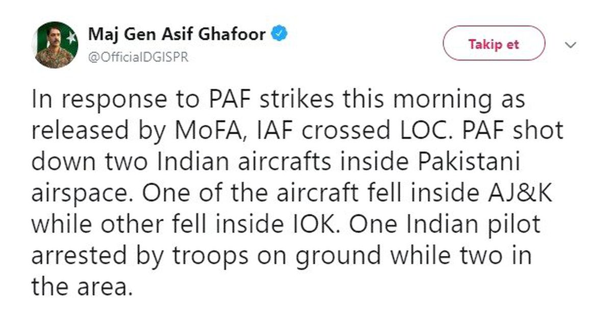 Pakistan: "Bir Hint Pilot Elimizde"