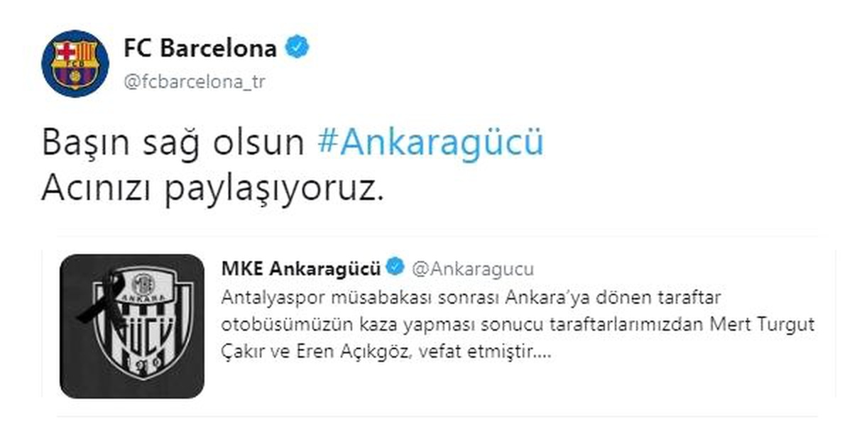 Barcelona\'dan Ankaragücü İçin Başsağlığı Mesajı