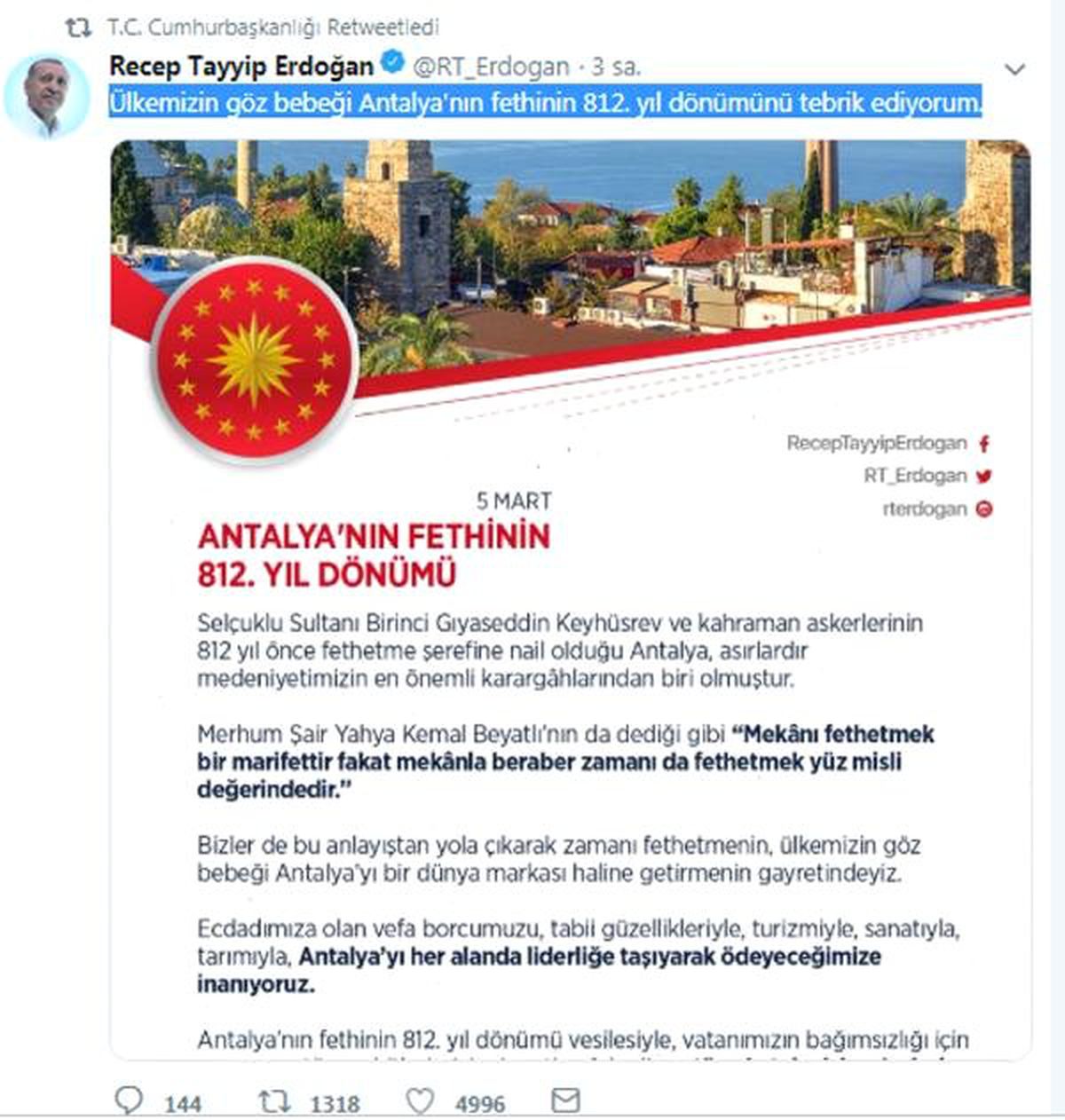 Cumhurbaşkanı Erdoğan\'dan Antalya\'ya Fetih Kutlaması