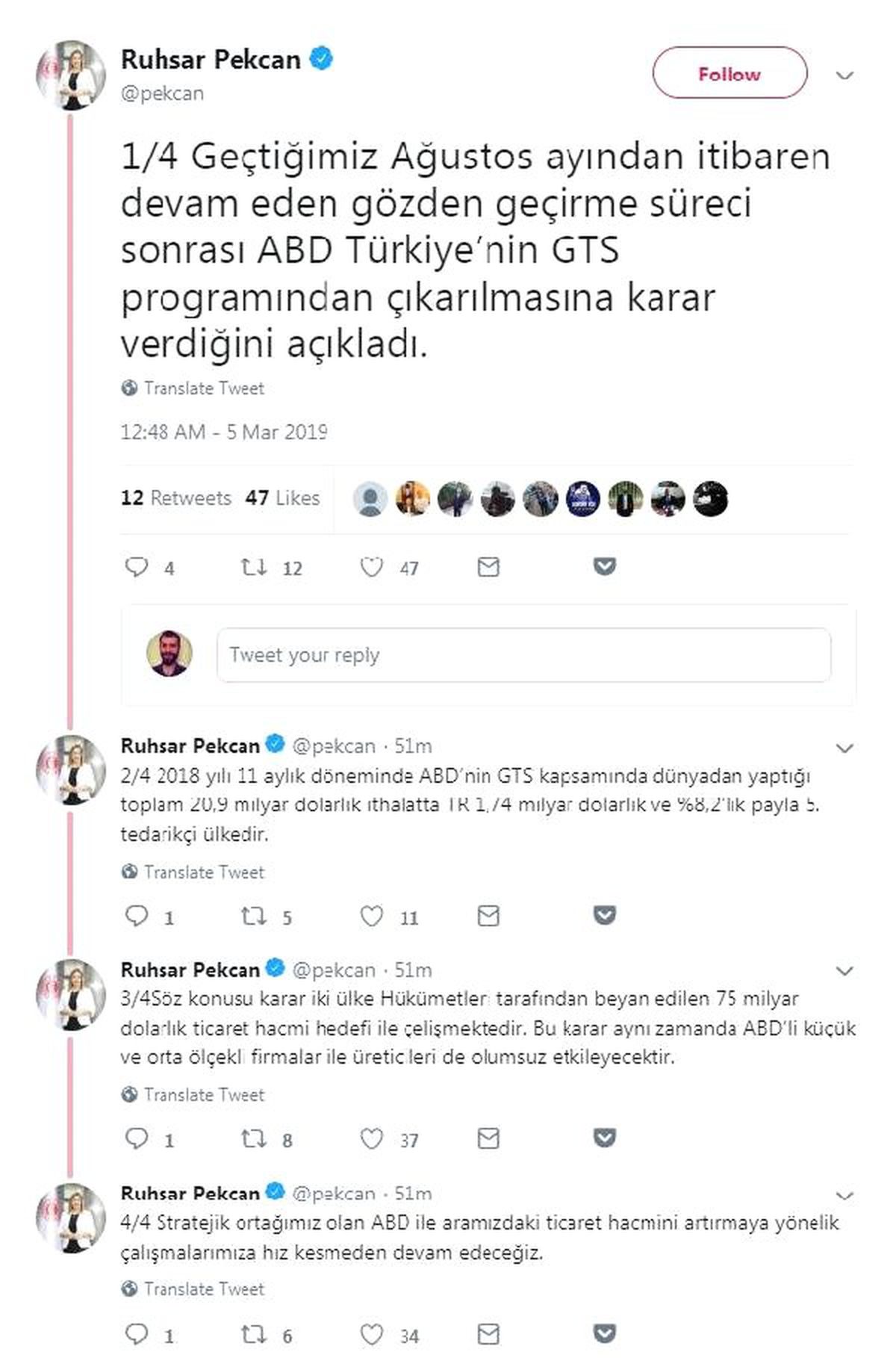 Pekcan: ABD\'nin Kararı Kendi Ticaret Hedefiyle Çelişiyor