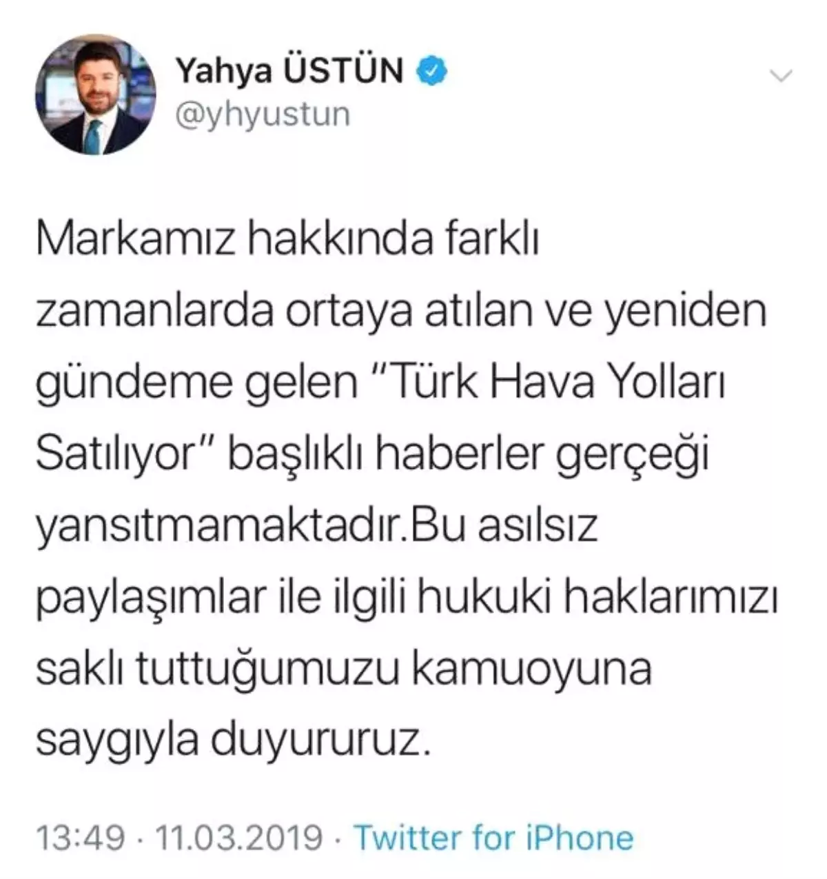 THY Satılıyor" Haberine Yalanlama