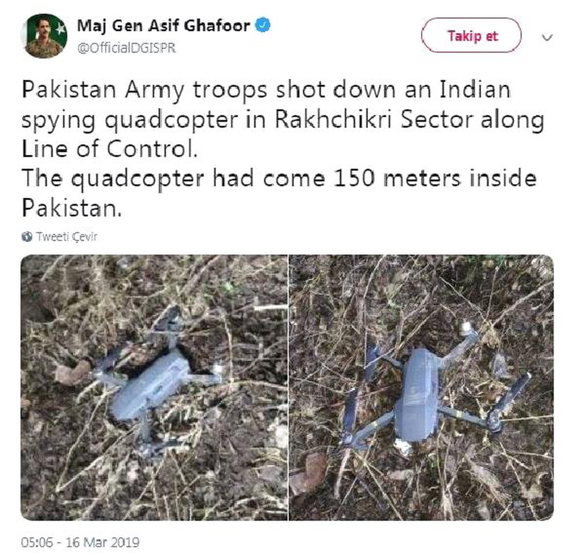 Pakistan Ordu Sözcüsü: Hindistan\'a Ait Casus Drone Düşürüldü