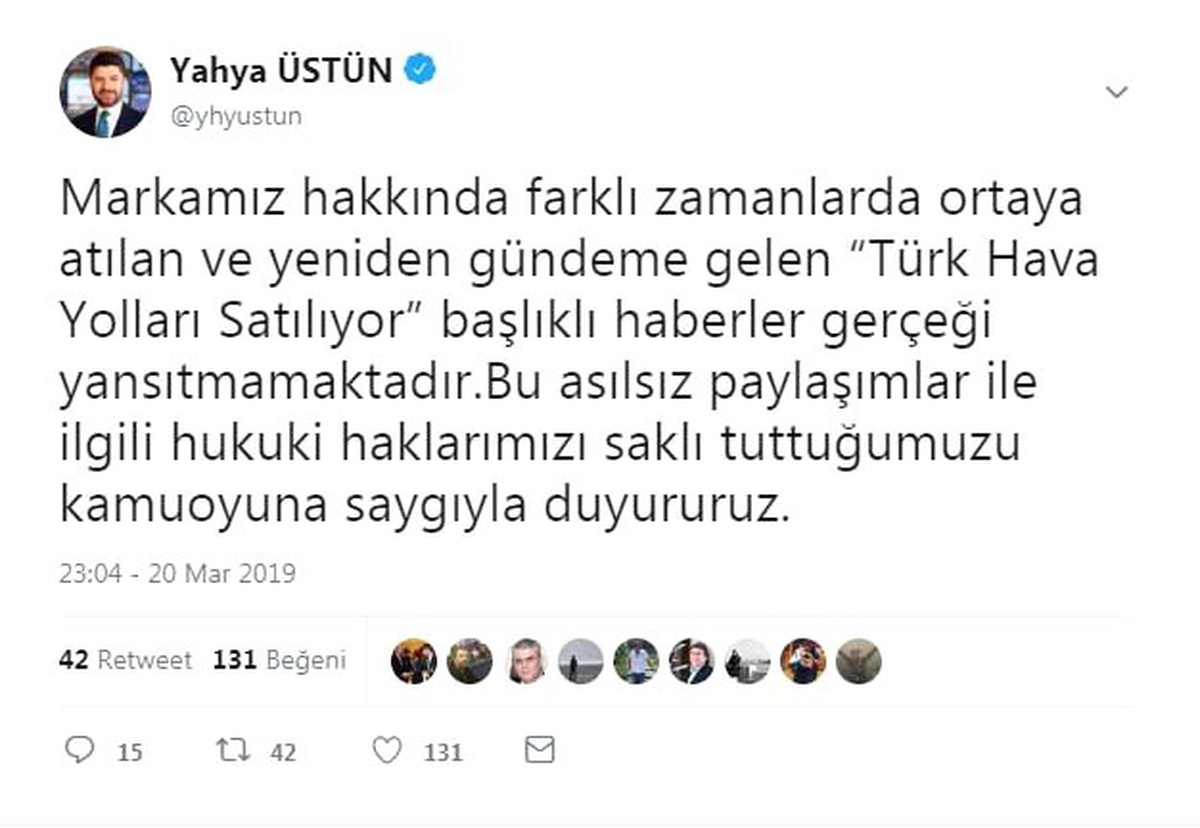 THY Basın Müşaviri Üstün, "Türk Hava Yolları Satılıyor" İddialarını Yalanladı