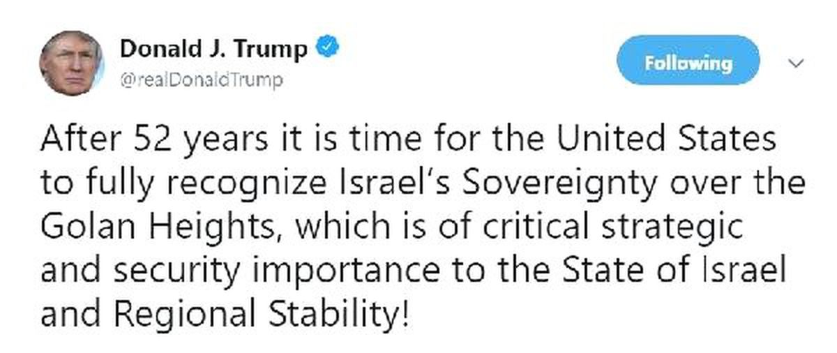 Trump: İsrail\'in Golan Tepeleri Üzerindeki Egemenliğini Tanımanın Zamanı Geldi