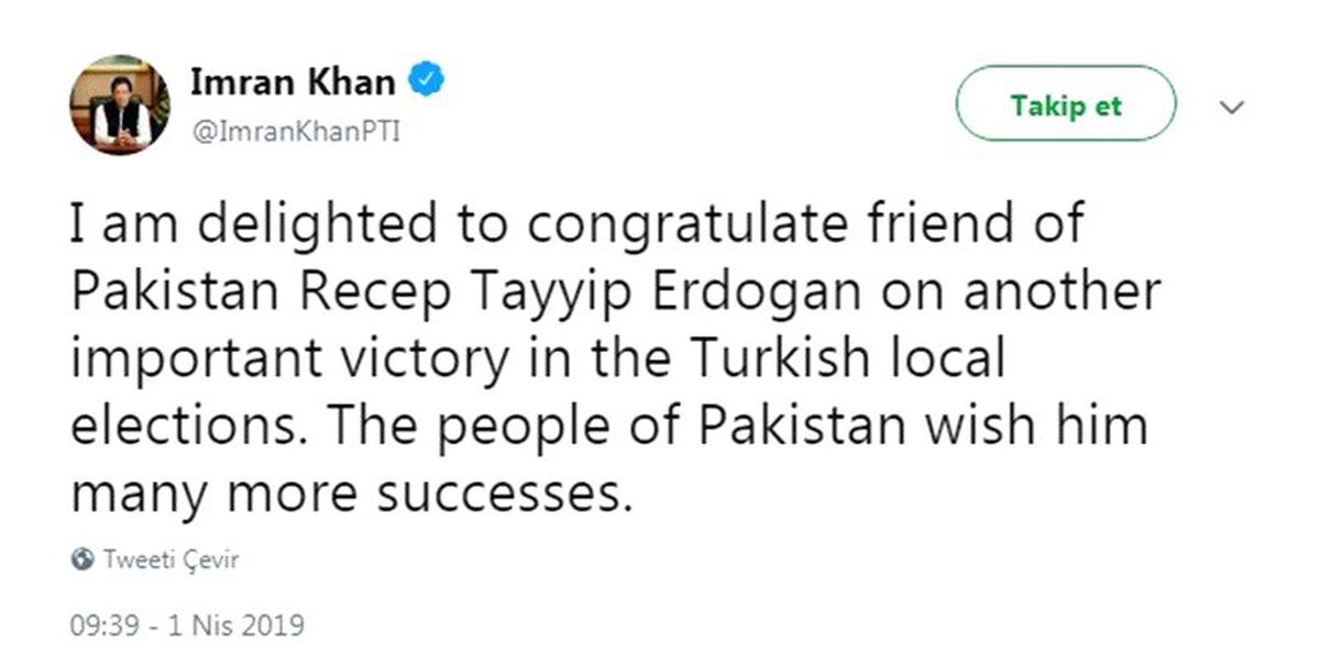 Pakistan Başbakanı, Cumhurbaşkanı Erdoğan\'ı Tebrik Etti