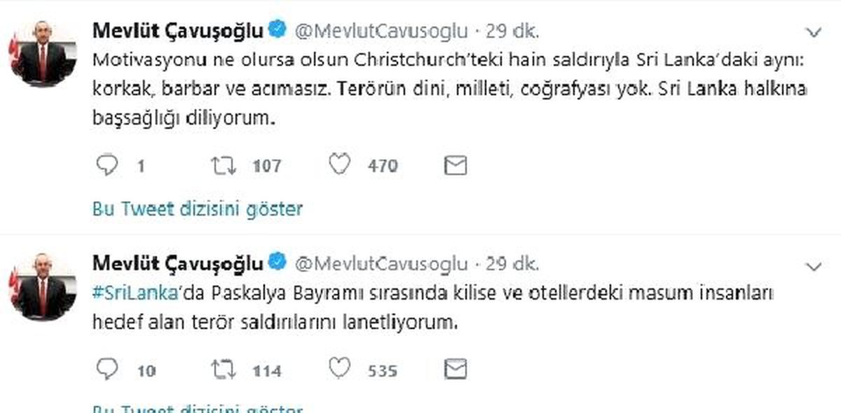 Çavuşoğlu: Sri Lanka\'daki Terör Saldırılarını Lanetliyorum