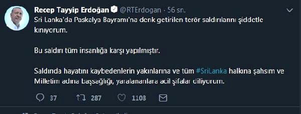 Cumhurbaşkanı Erdoğan: Sri Lanka\'daki Terör Saldırılarını Şiddetle Kınıyorum