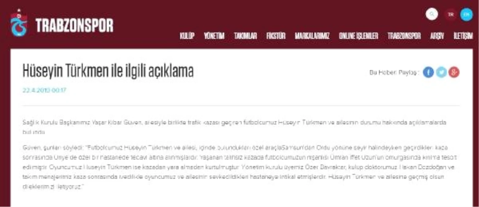 Trabzonspor\'dan Hüseyin Türkmen ile İlgili Açıklama