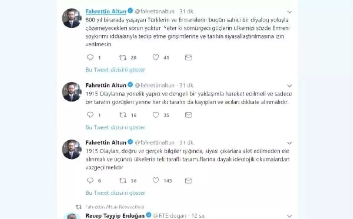 Fahrettin Altun: 1915 Olayları, Siyasi Çıkarlara Alet Edilmeden Ele Alınmalı