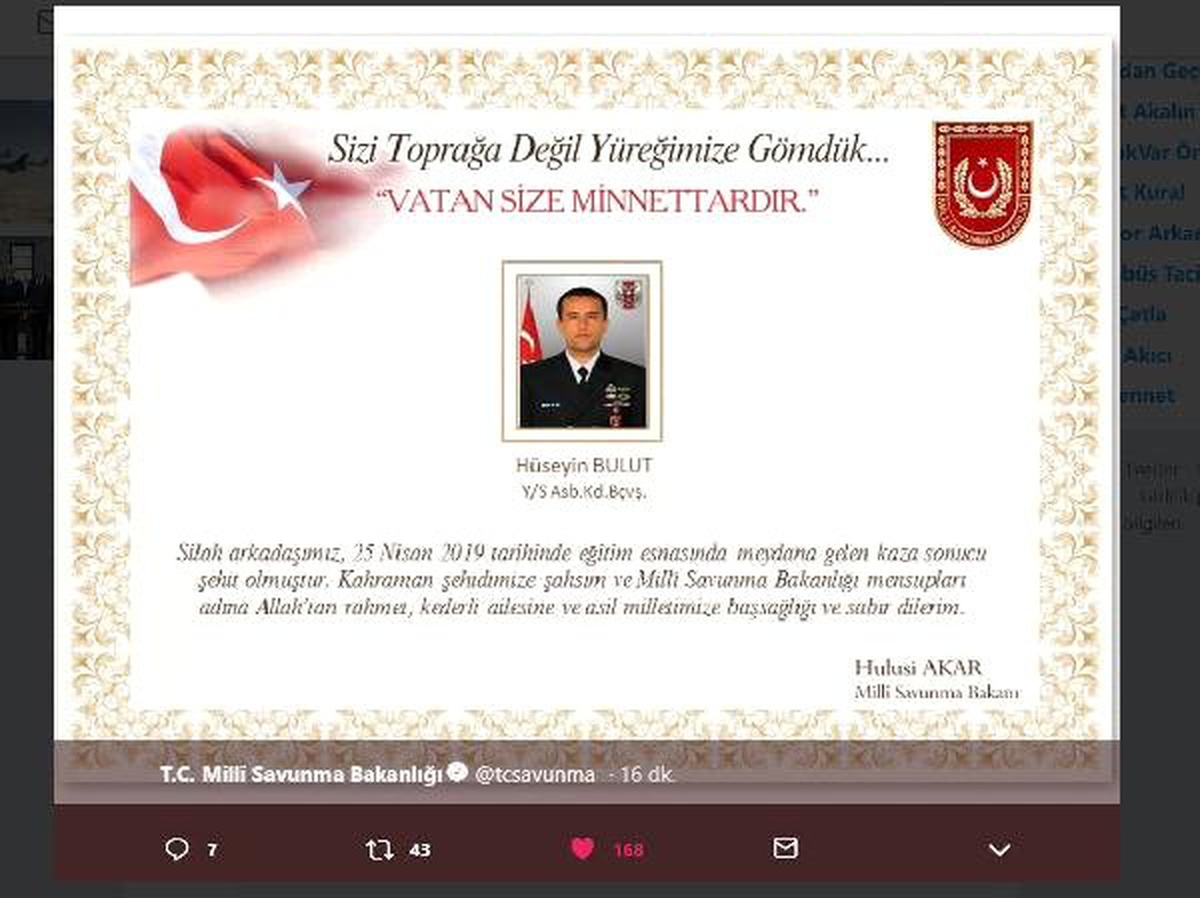 Bakan Akar\'dan, Şehit Astsubay İçin Başsağlığı Mesajı