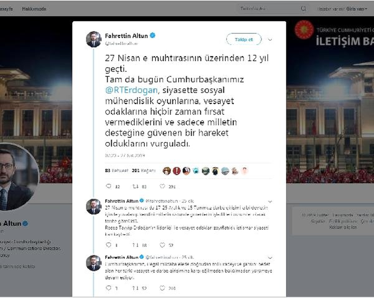 Cumhurbaşkanlığı İletişim Başkanı Altun\'dan \'27 Nisan E-muhtırası\' Mesajı