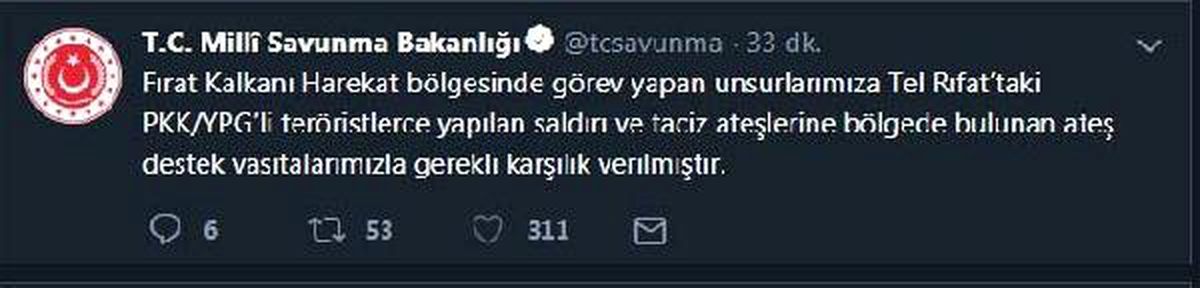 Tsk, Tel Rıfat\'taki Taciz Ateşine Karşılık Verdi