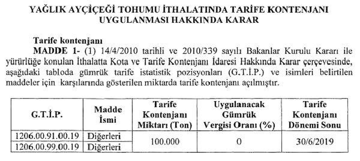 Rg - Yağlık Ayçiçeği Tohumu İthalatına "Sıfır Gümrüklü" Tarife Kontenjanı
