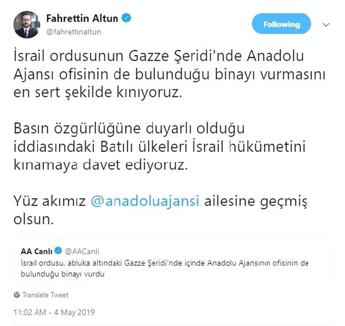 Cumhurbaşkanlığı İletişim Başkanı Altun\'dan İsrail\'e Kınama