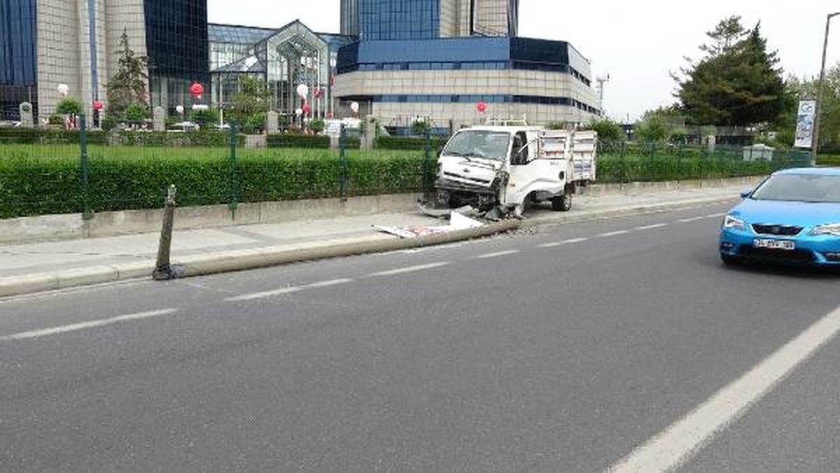 Kaldırıma Çıkan Kamyonet Aydınlatma Direğini Yola Devirdi