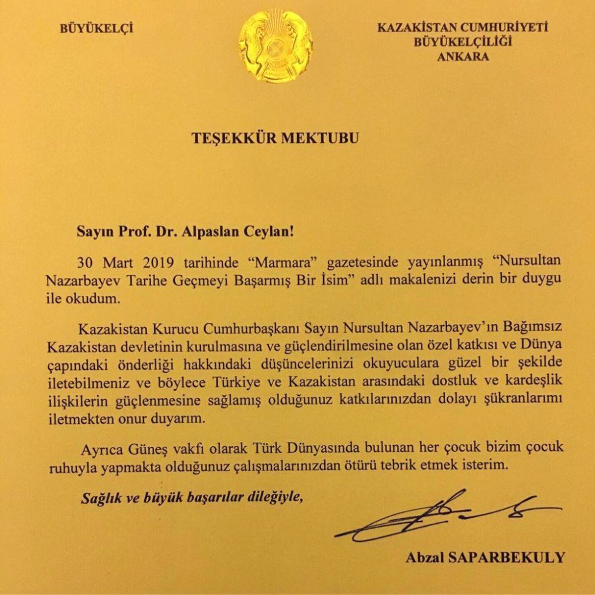 Kazakistan Büyükelçiliğinden Prof. Dr. Ceylan\'a Teşekkür Mektubu