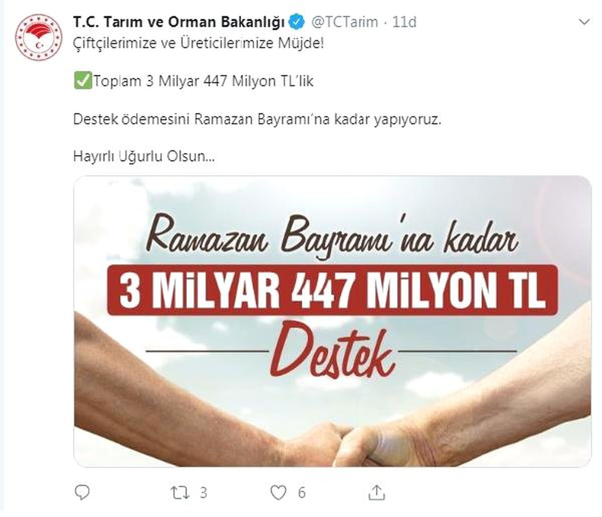 Çiftçiye 3 Milyar 447 Milyon TL Destek Ödemesi