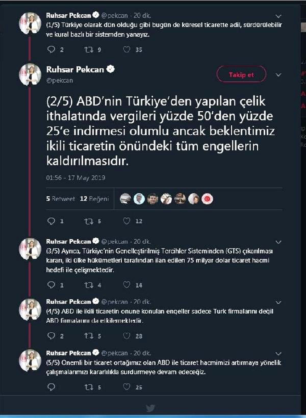 Bakan Pekcan: ABD\'nin Çelik İthalatında Vergileri Yüzde 25 İndirmesi Olumlu