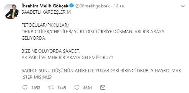 Melih Gökçek'ten Saadet Partisi'ne 'İstanbul' Çağrısı: Bir Araya Gelelim
