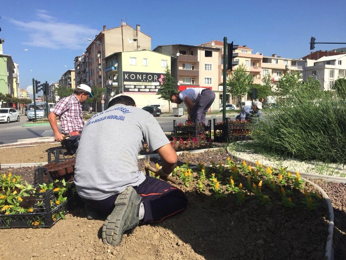 Gemlik\'te kavşak ve orta refüjler rengarenk
