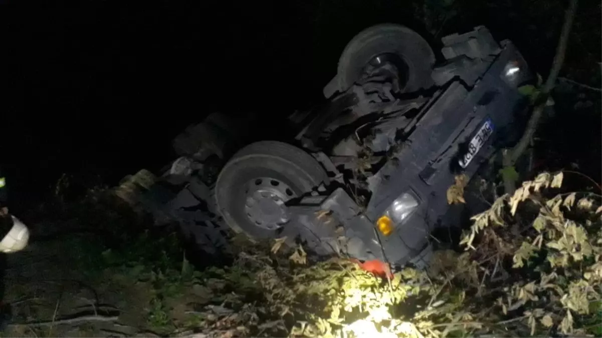 Odun yüklü kamyon devrildi, sıkışan sürücü kendi imkanlarıyla kurtuldu