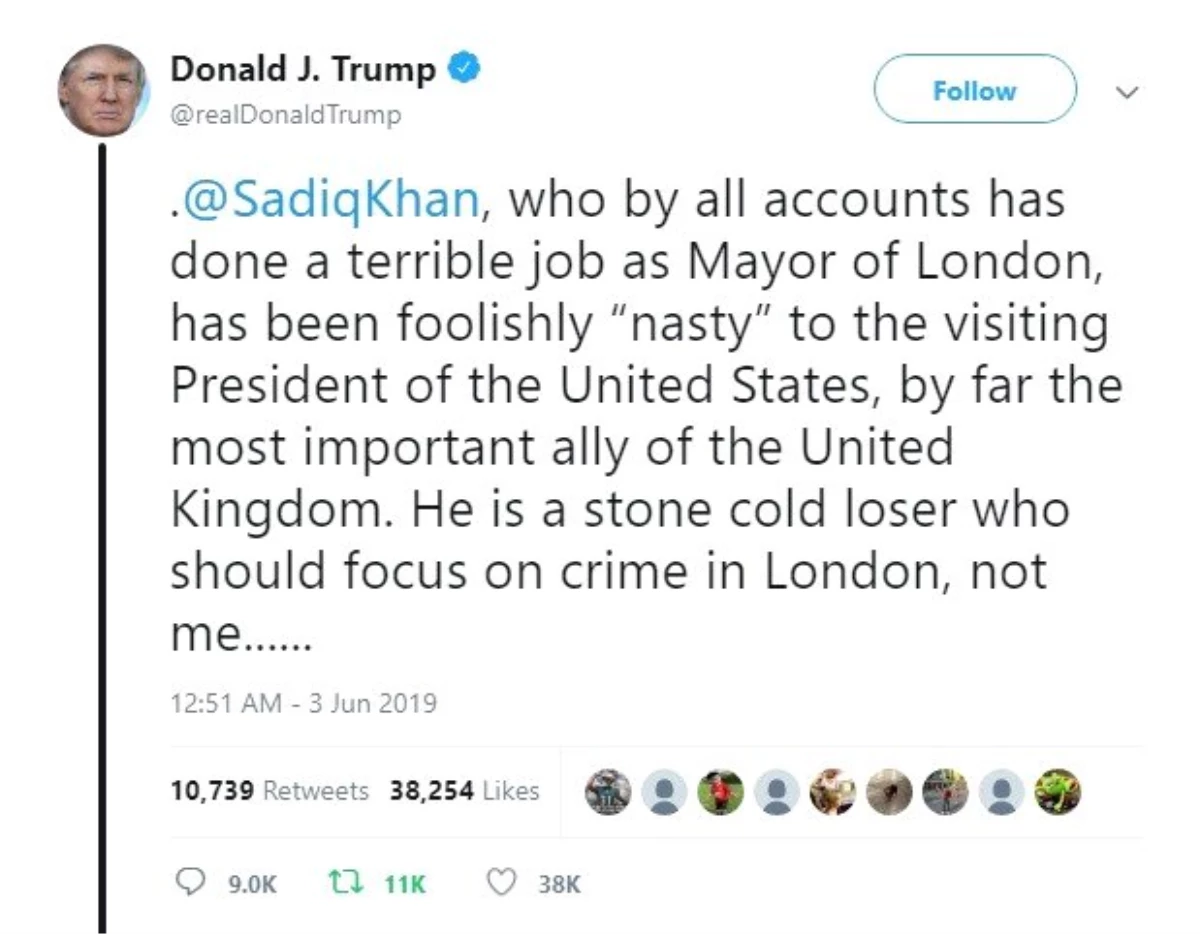 Trump, Sadık Khan\'ı uçağı daha yere inmeden eleştirdi