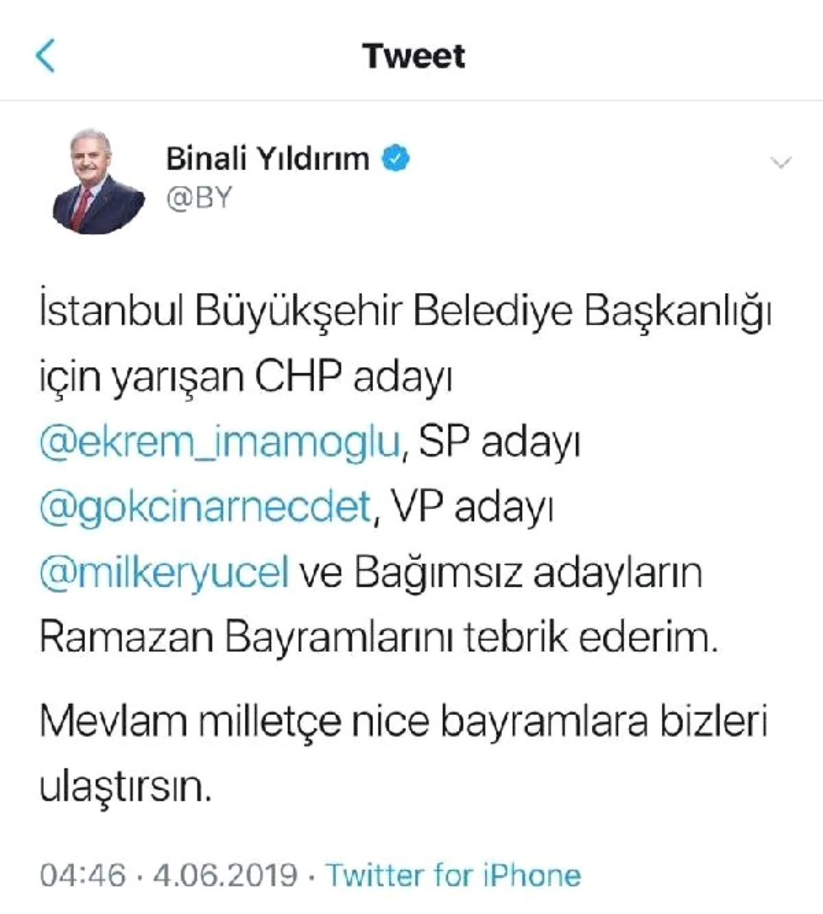 Binali Yıldırım rakiplerinin bayramını kutladı