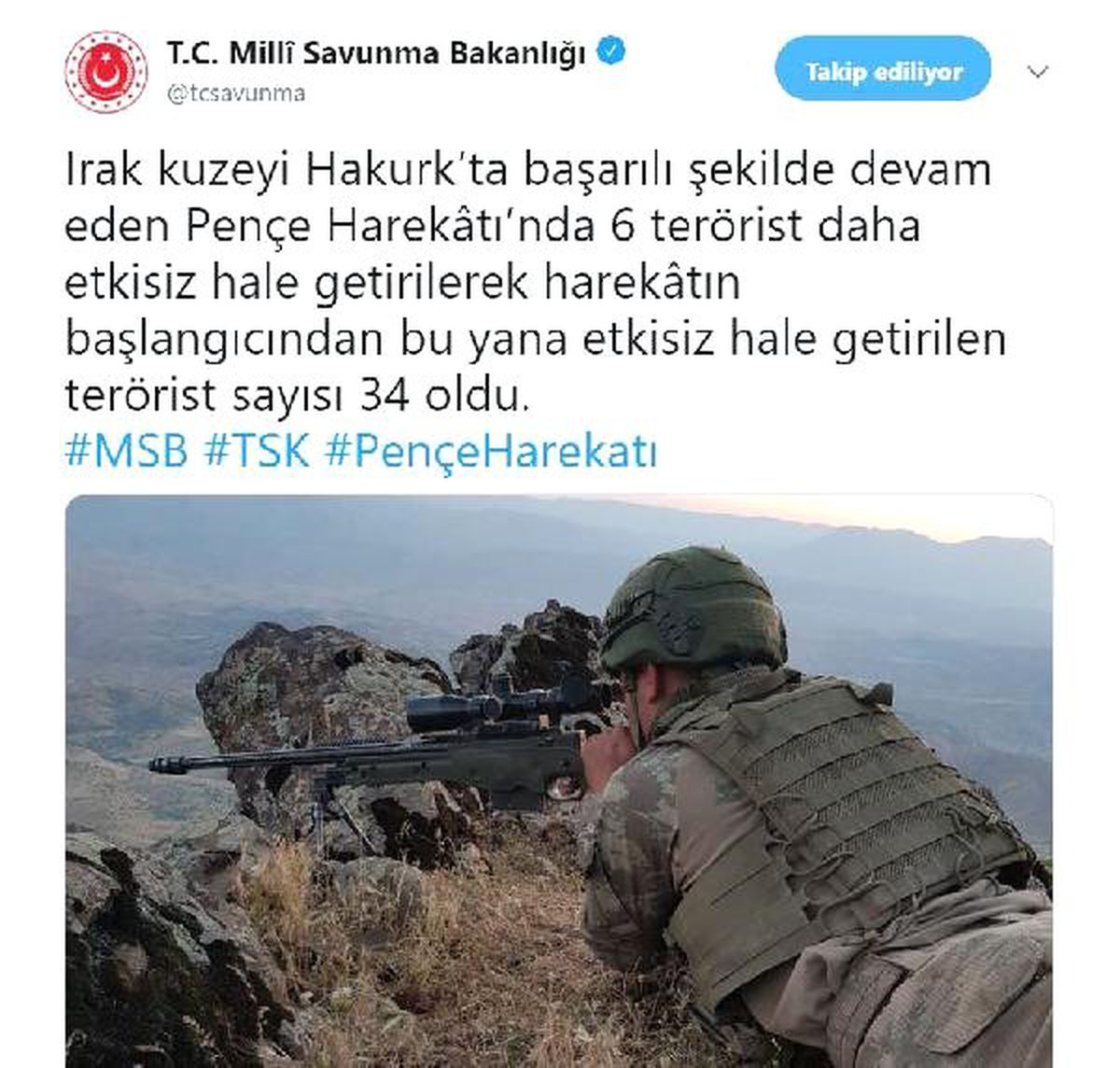 Pençe Harekâtı\'nda etkisiz hale getirilen terörist sayısı 34\'e çıktı