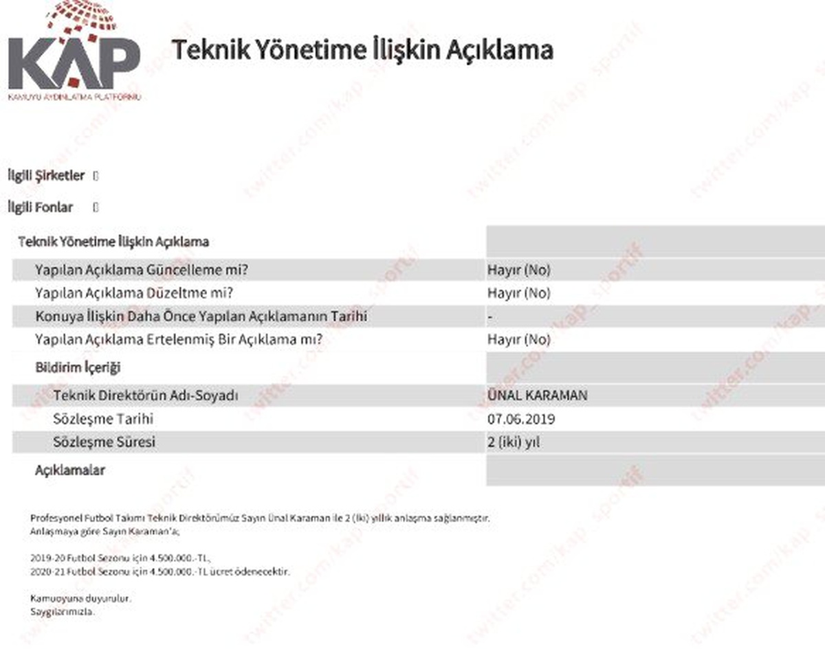 Trabzonspor, Ünal Karaman\'ı KAP\'a bildirdi