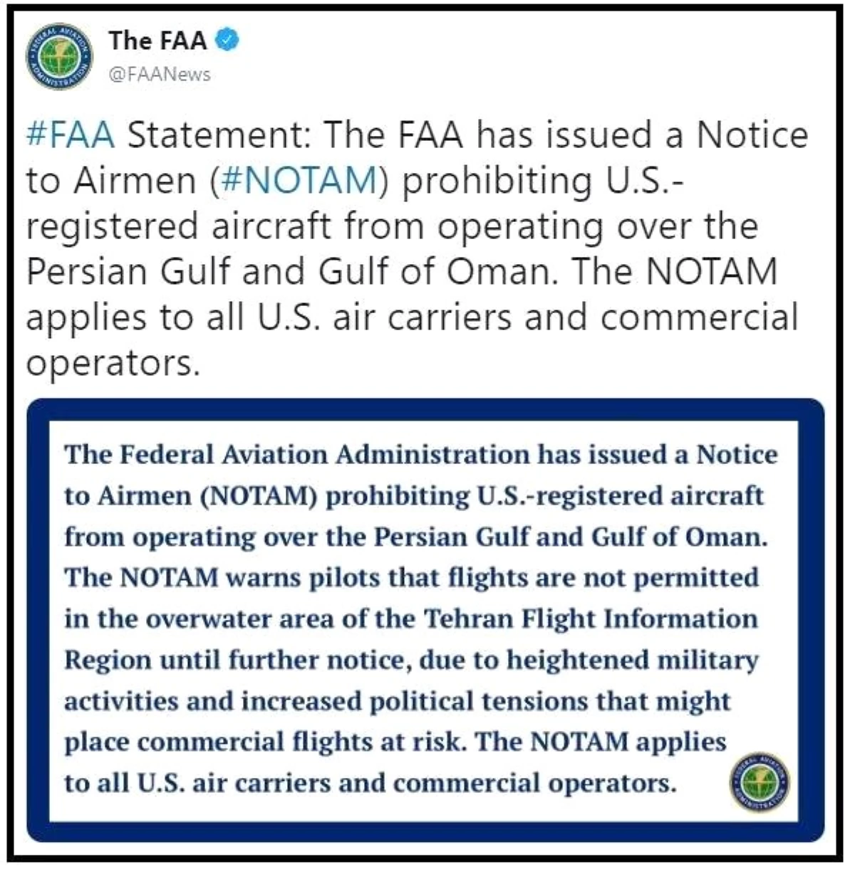 FAA, ABD havayolu şirketlerini Körfez\'de uçmasını yasakladı
