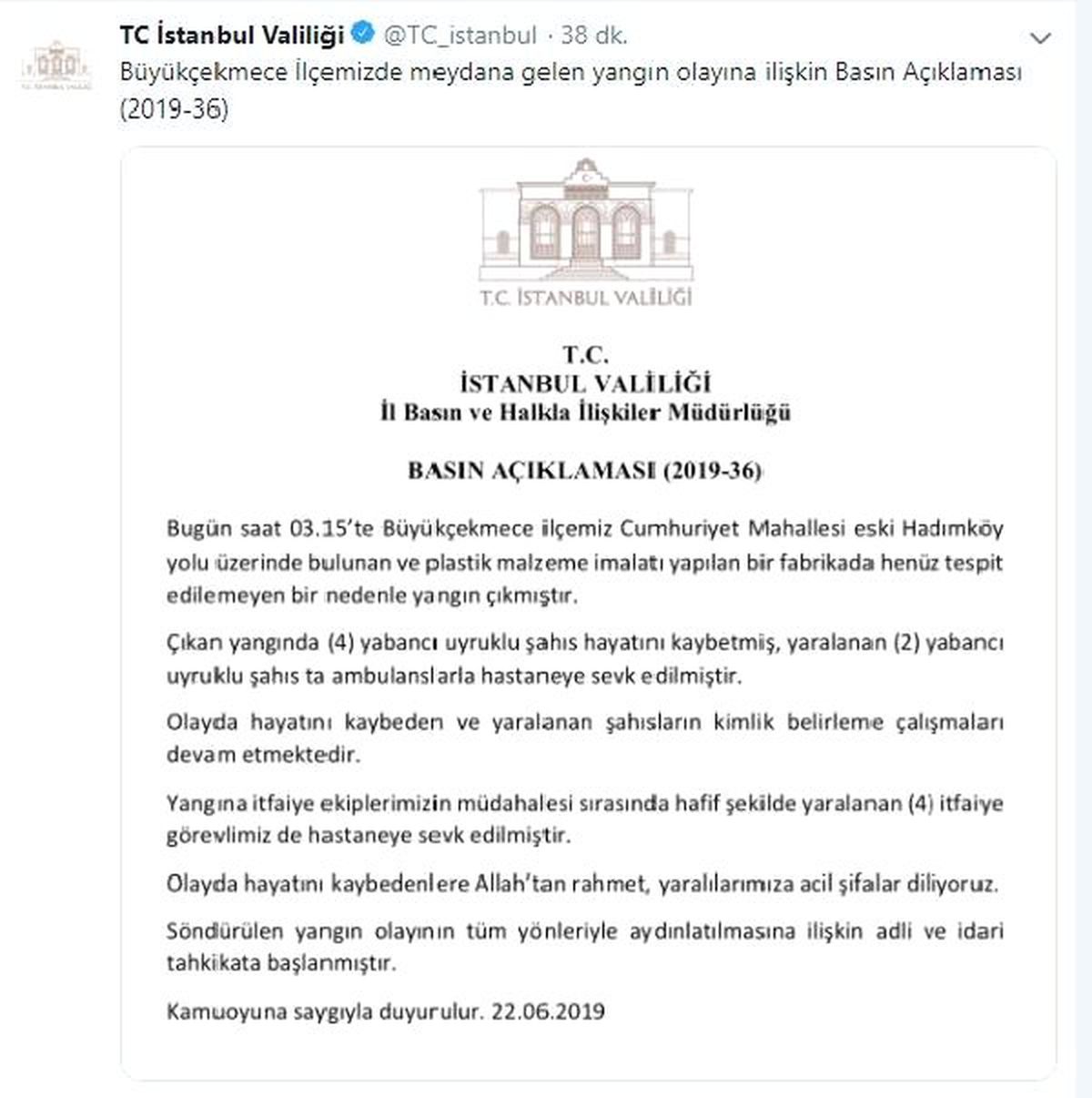 İstanbul Valiliği: Büyükçekmece\'deki fabrika yangınında 4 kişi hayatını kaybetti