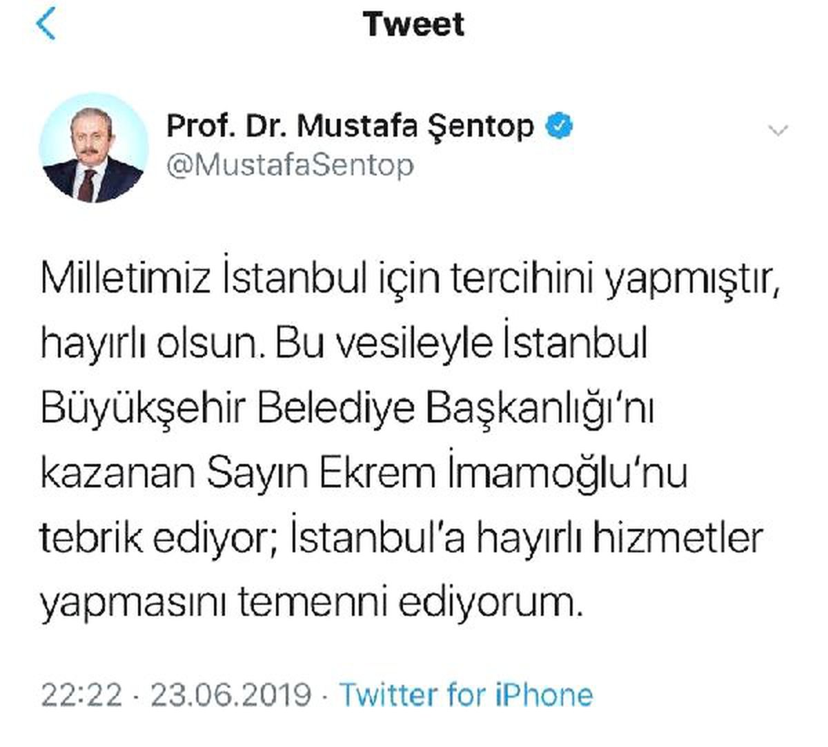 TBMM Başkanı Şentop, İmamoğlu\'nu tebrik etti