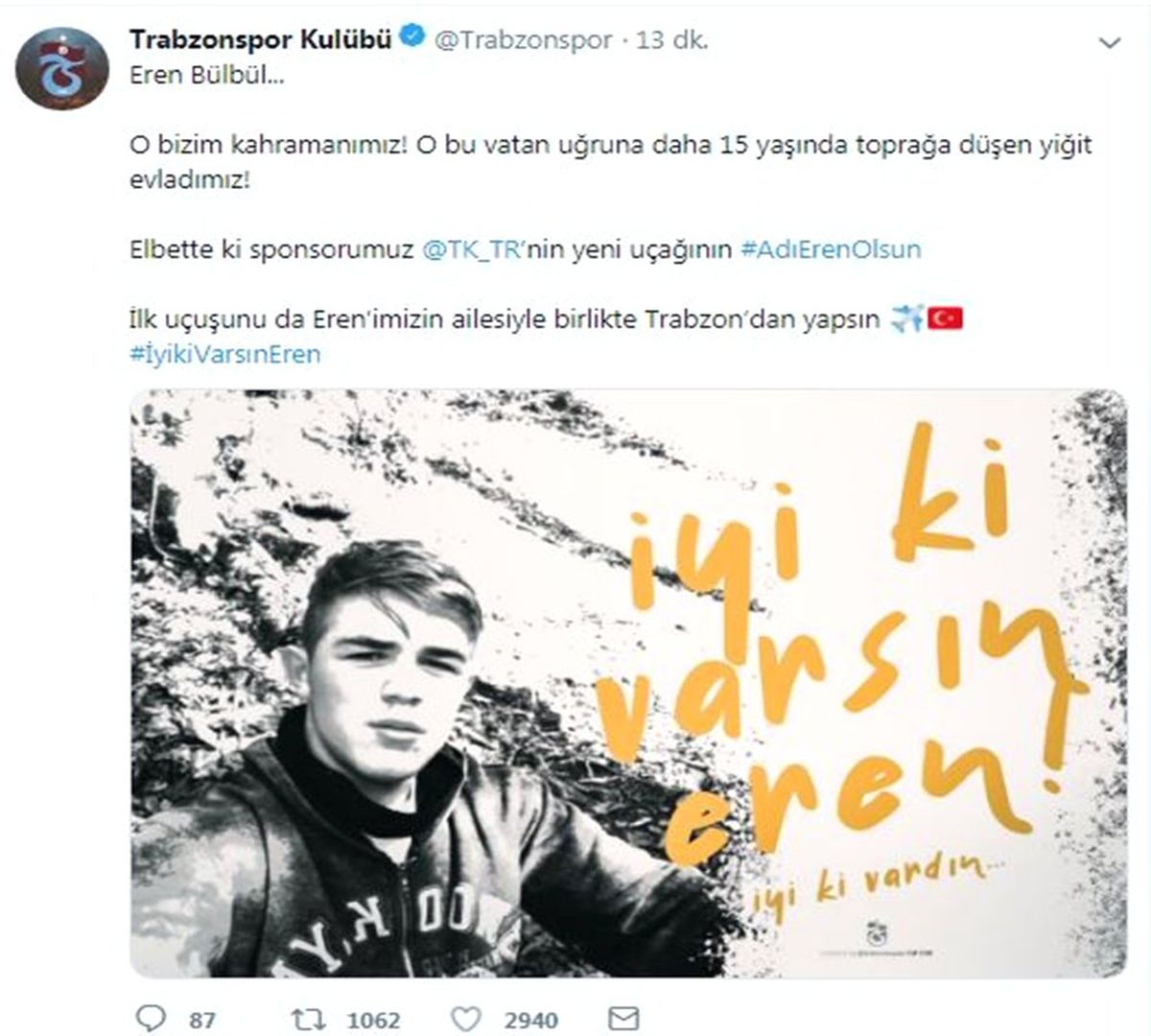 Trabzonspor\'dan Eren Bülbül paylaşımı